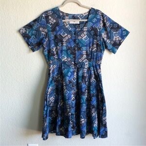 Peruvian Connection Short Sleeve Dress Button Front Retro Style Blue Printed